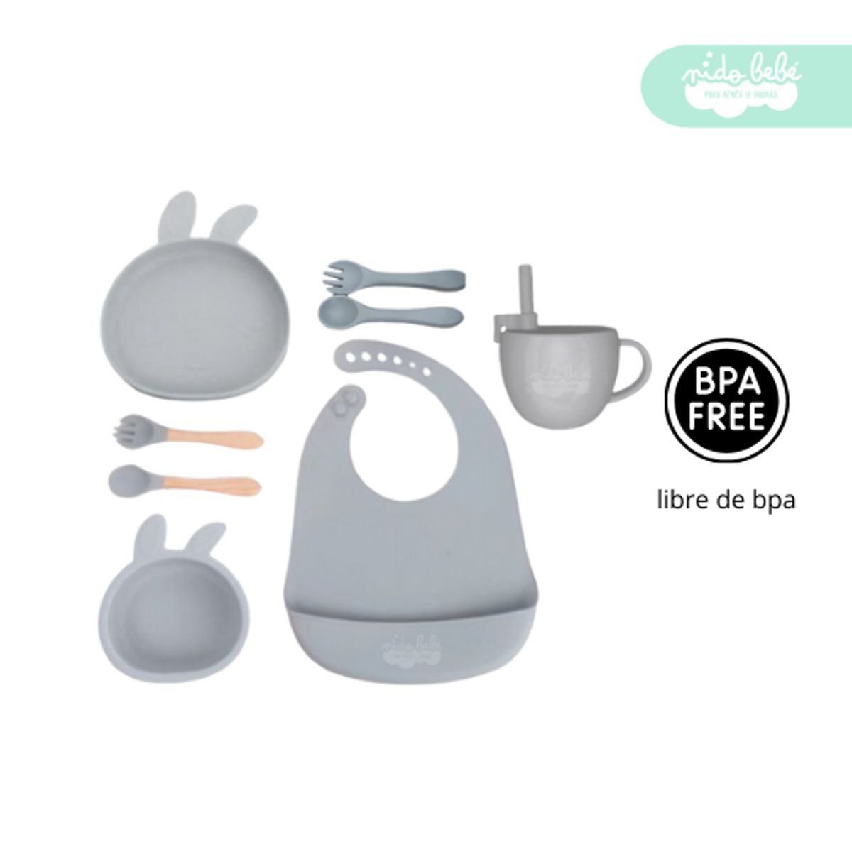 GENERICO - Set de alimentación de bebé modelo conejito plomo