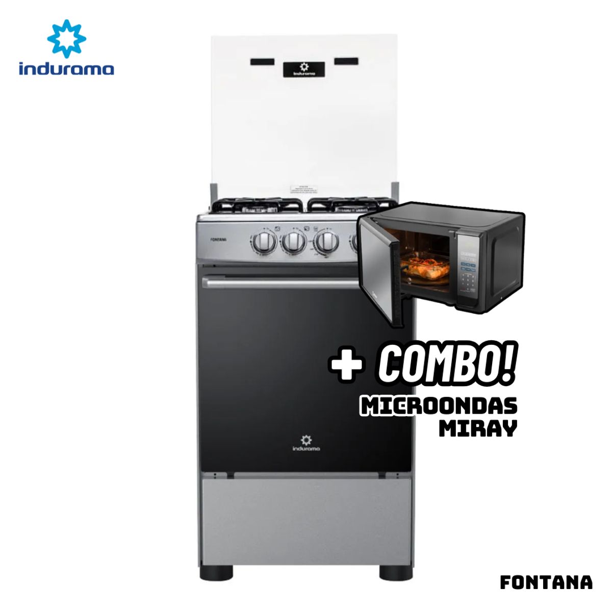 INDURAMA - COCINA DE PIE INDURAMA A GAS 4 HORNILLAS - FONTANA + MICROONDAS MIRAY HMM-20N