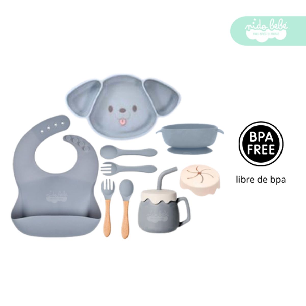 GENERICO - Set de alimentación de bebé Perrito 10 piezas plomo