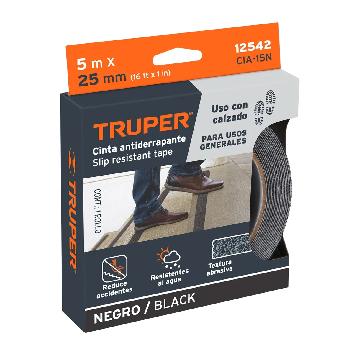 TRUPER - Rollo de 5 m de cinta antiderrapante negra 25mm con abrasivo, Truper