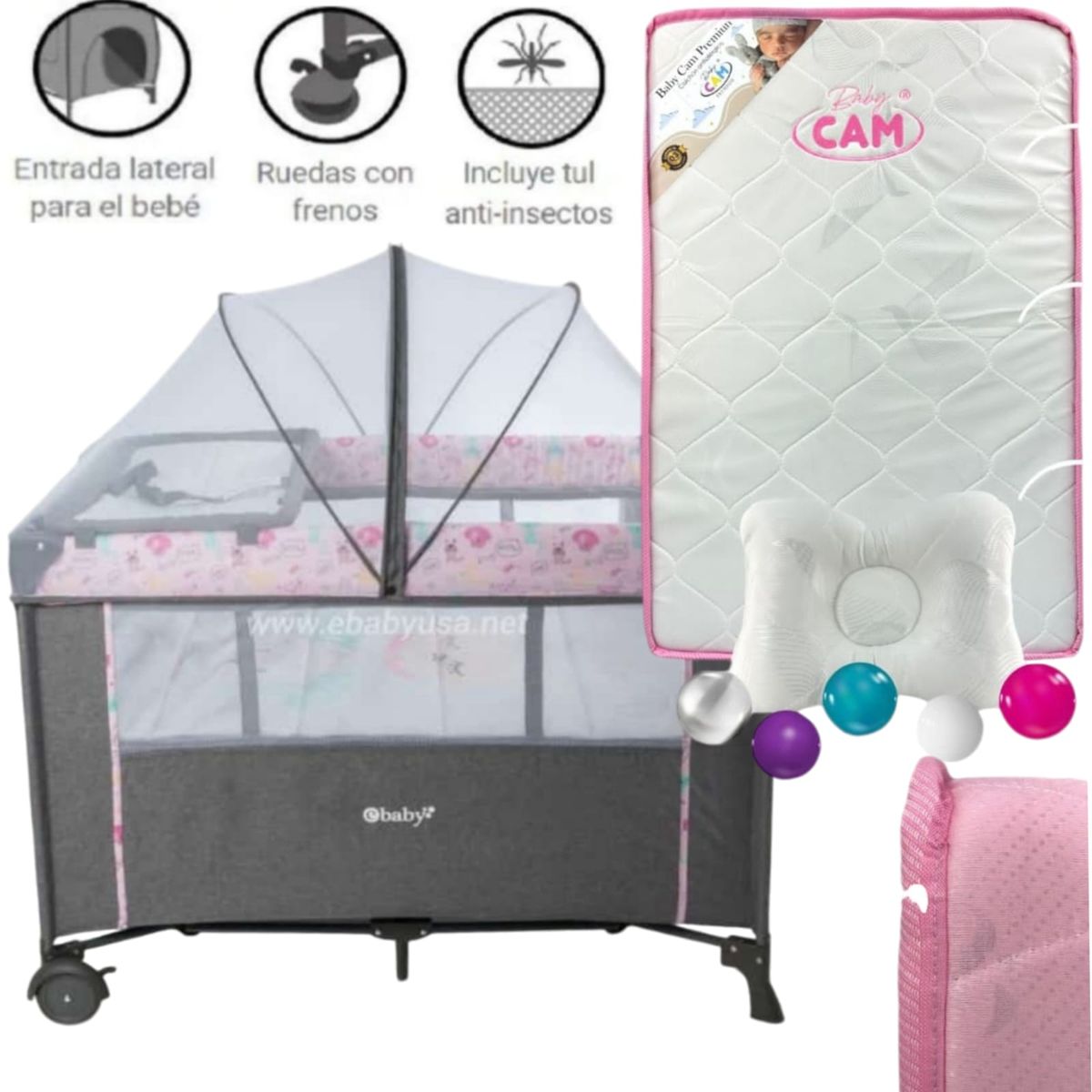 EBABY - Cuna para bebe Colecho Nala + Colchón ROSADO
