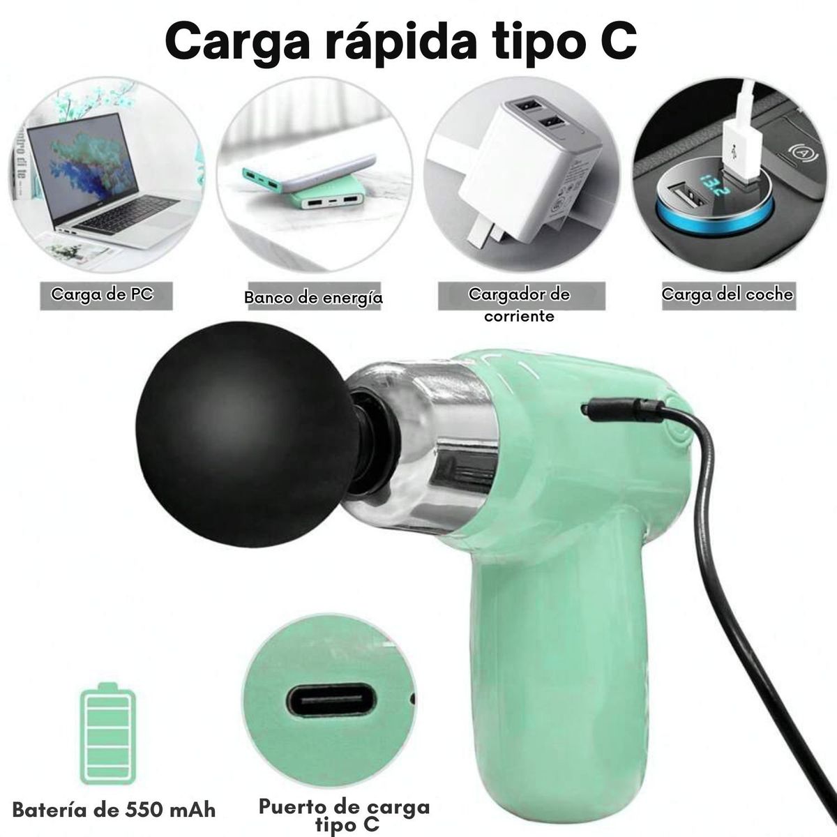 VICTORIA - Pistola de Masaje Muscular Portable - 5 Velocidades - 4 Cabezales