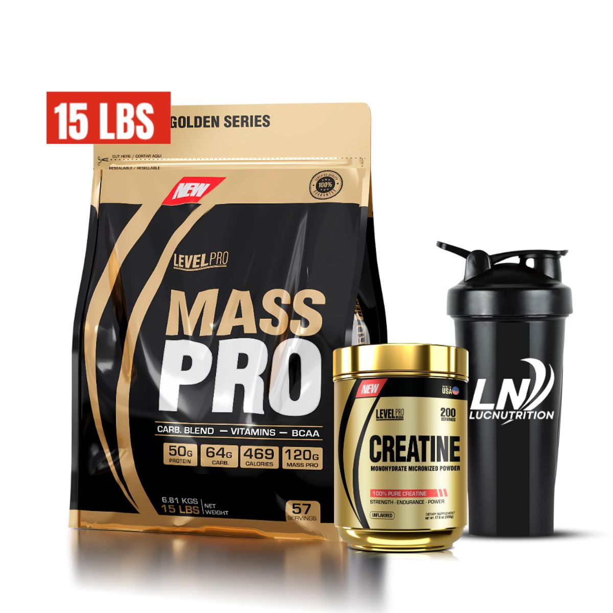 LEVEL PRO - Mass Pro 15 Lb rich chocolate + creatina Level pro 500 g + Shaker