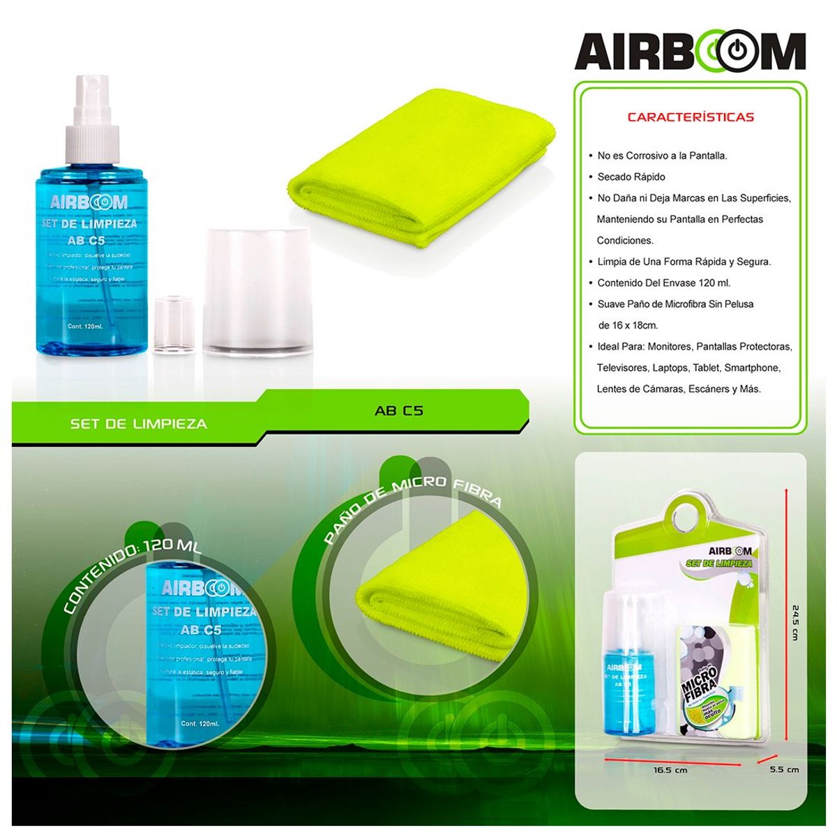 AIRBOOM - Kit de Limpieza AB C5 120ml AIRBOOM para LAPTO PC MOVIL TV