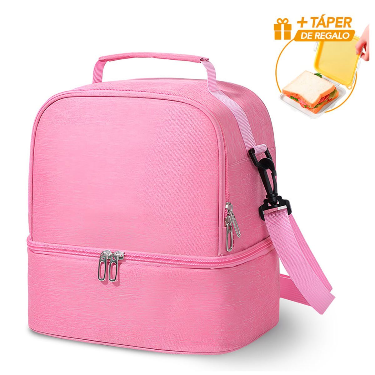 KELLER - Lonchera Térmica Doble Compartimento Rosado I38 Y Táper de Regalo A88