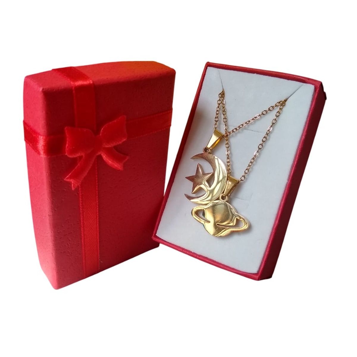 GENERICO - Collar doble luna estrella saturno con imán parejas o mejores amigos