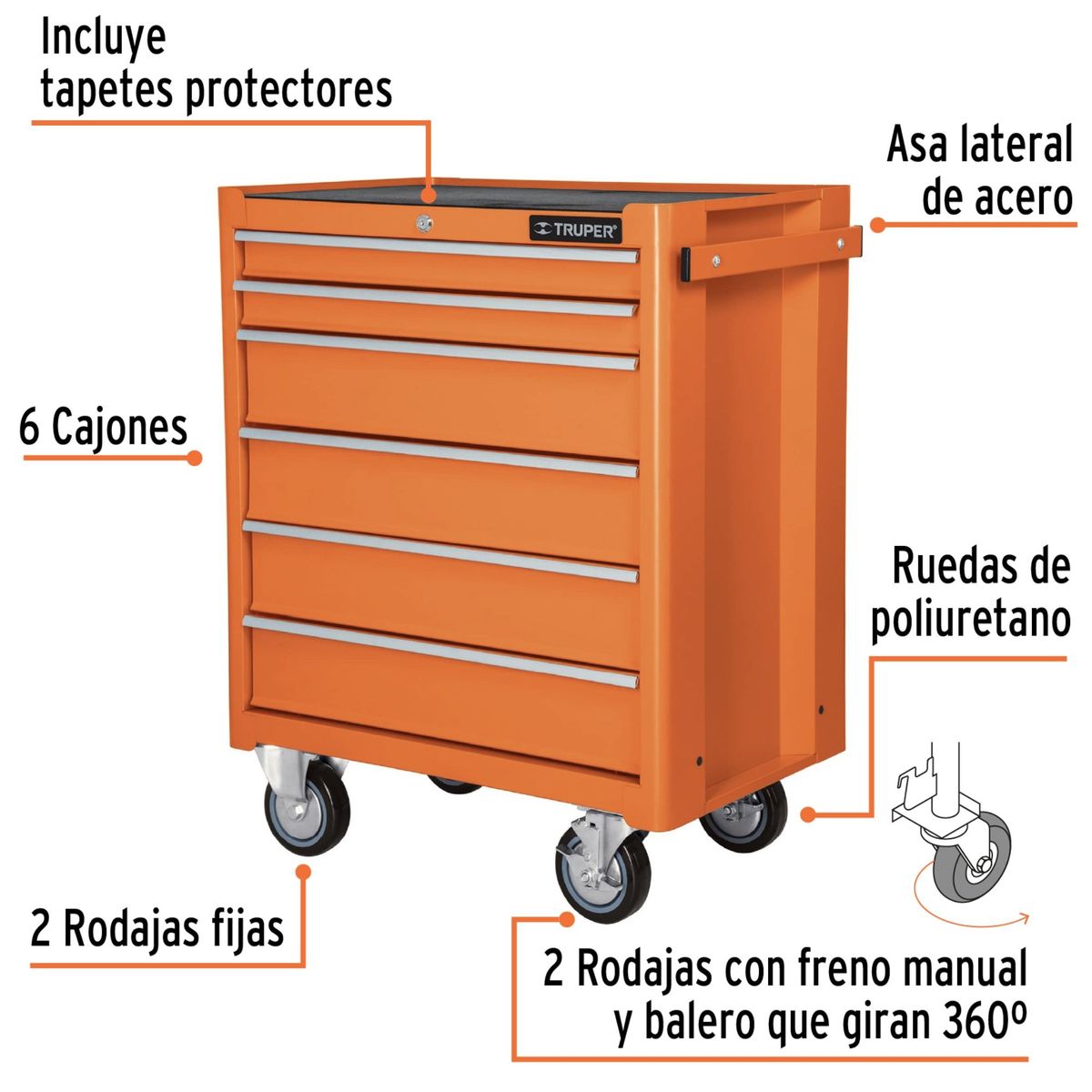TRUPER - Carro de servicio gabinete metálico móvil, 6 cajones, capacidad 130 kg