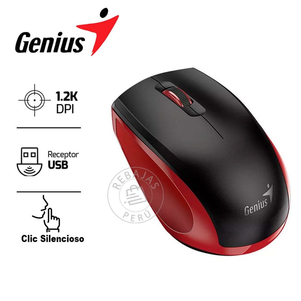 GENIUS GX - Mouse Inalámbrico Genius NX-8006S BlueEye Silent Click Negro  Rojo