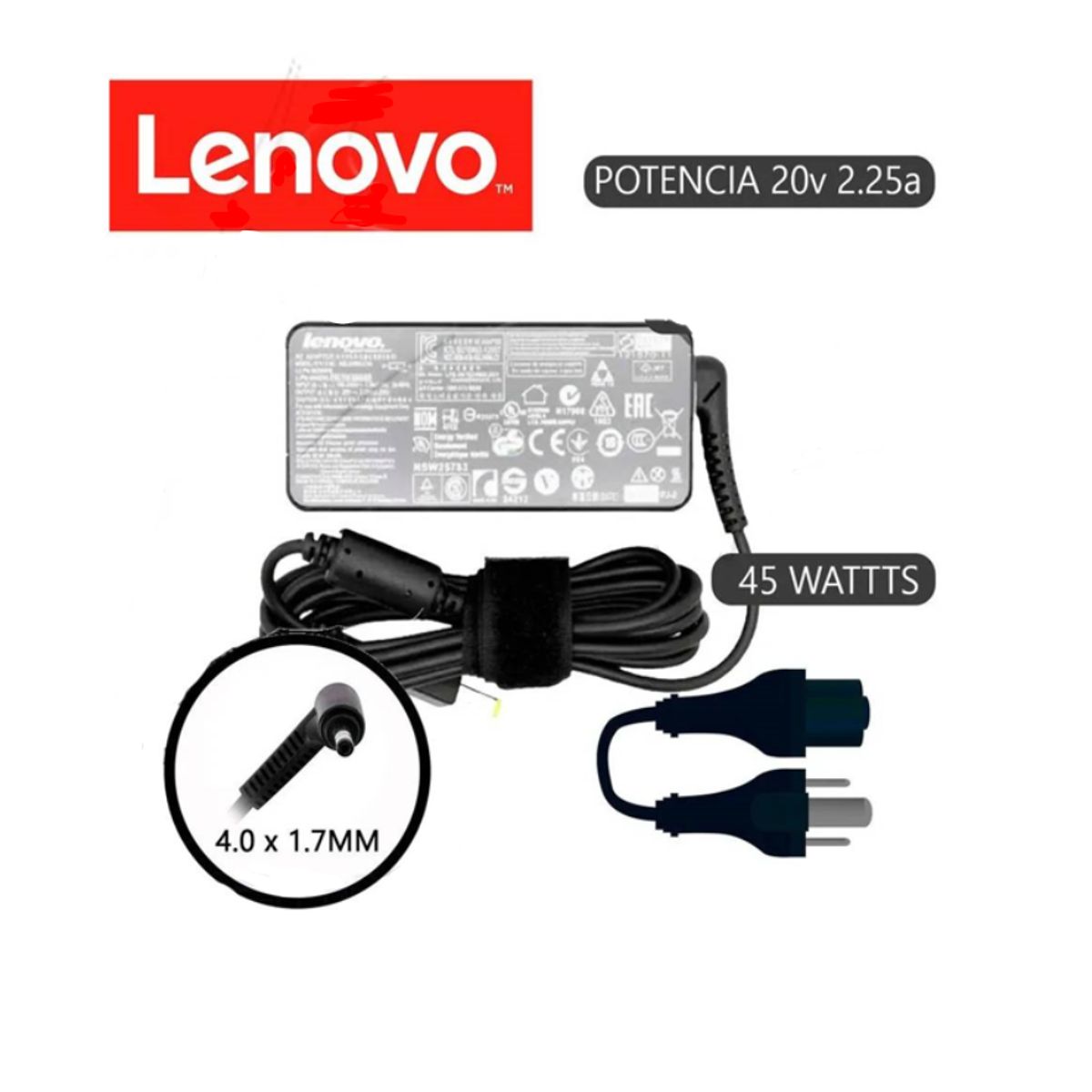 GENERICO - Cargador Compatible  Lenovo Ideapad punta fina 20V 2 .25A 45w