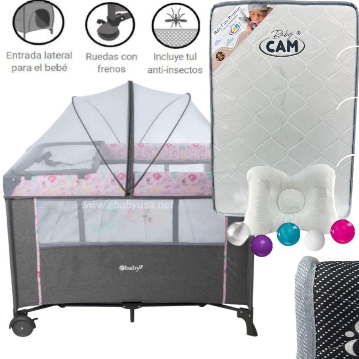 EBABY - Cuna para bebe Colecho Nala ROSA+ Colchón baby CAM PLOMO