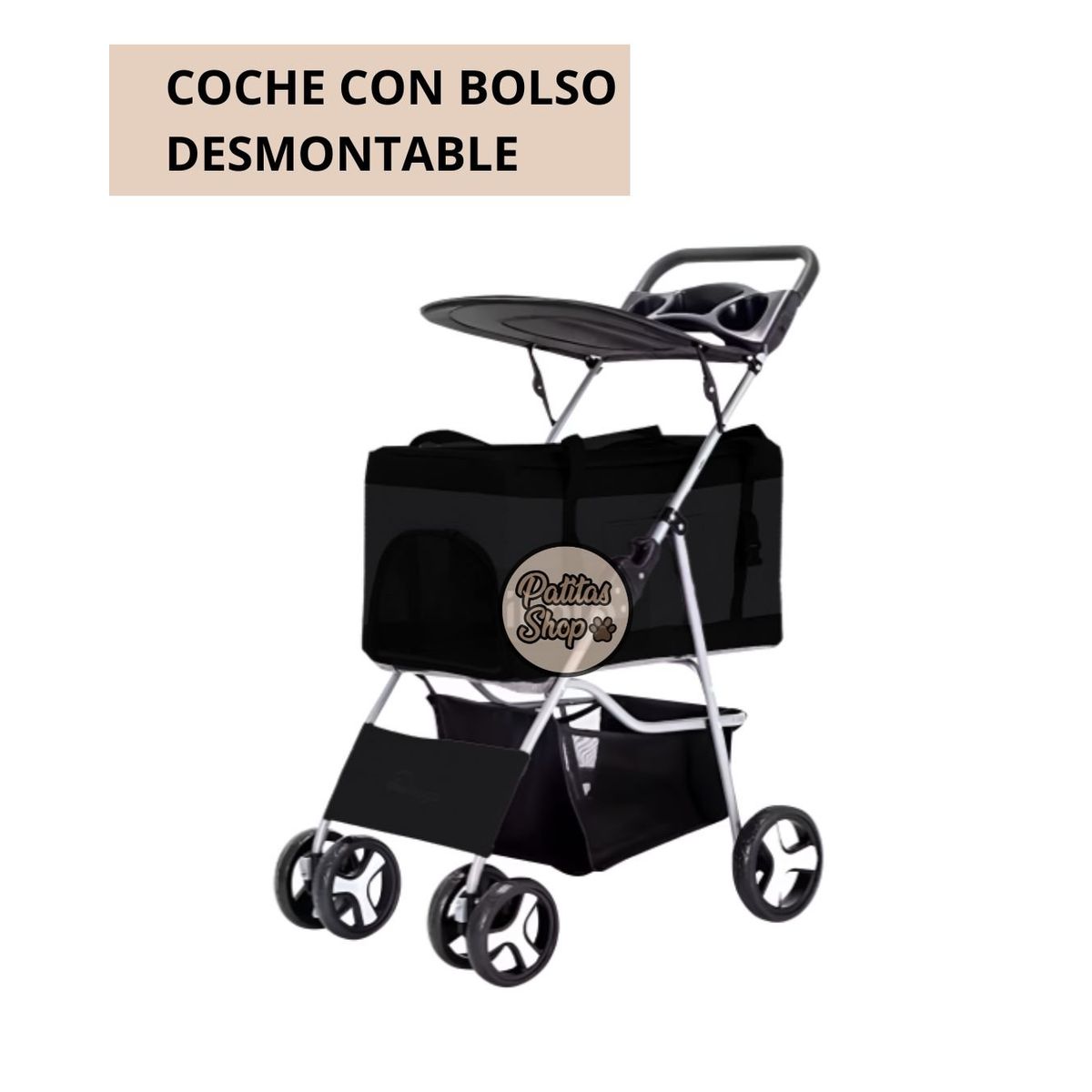 GENERICO - COCHE DESMONTABLE para mascotas 3 en 1 NEGRO