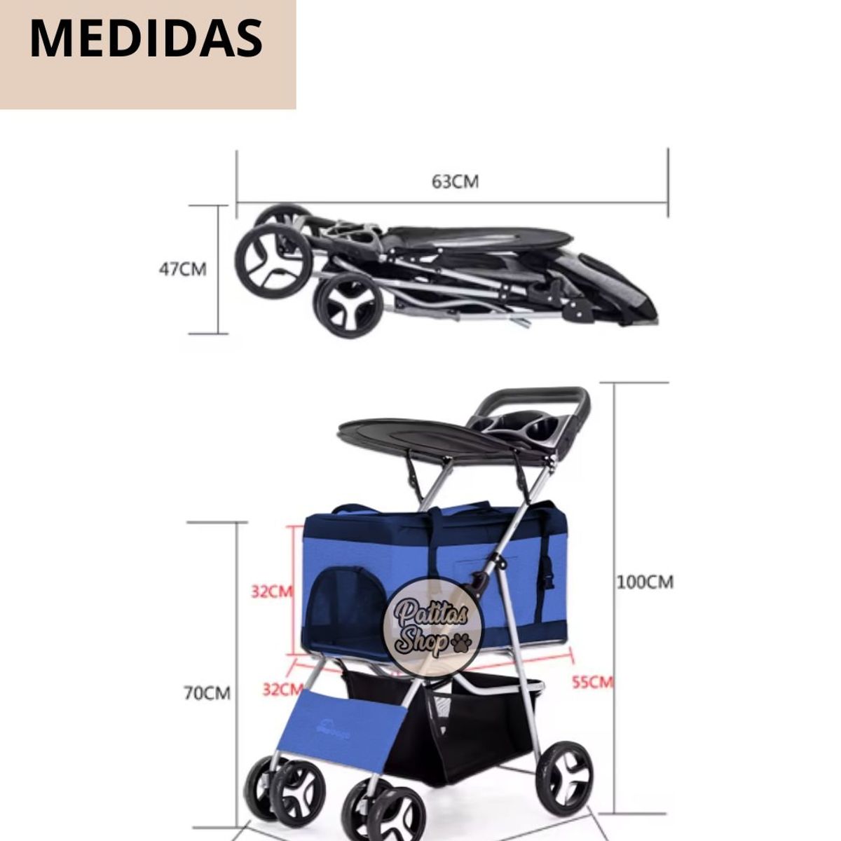 GENERICO - COCHE DESMONTABLE para mascotas 3 en 1 NEGRO