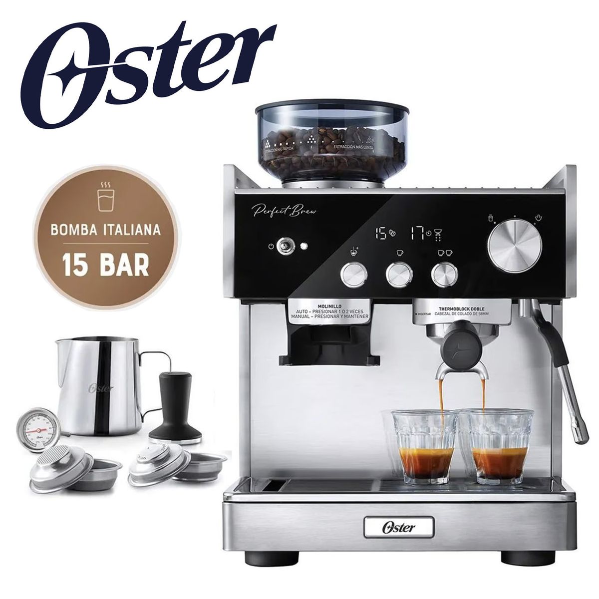 OSTER - Cafetera para Espresso con Molinillo Perfect Brew BVSTEM7400
