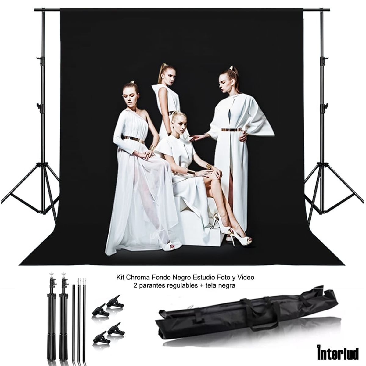 INTERLUD - Kit Chroma Fondo Tela Negro Estudio Foto y Video Con Parantes