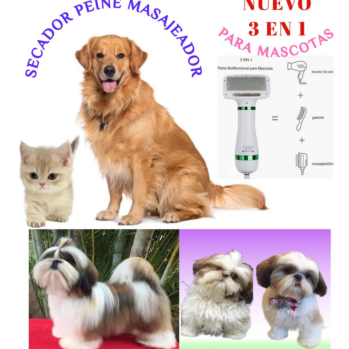 GENERICO - SECADOR PEINE CEPILLO PERRO 3 EN 1 ELÉCTRICO PROFESIONAL
