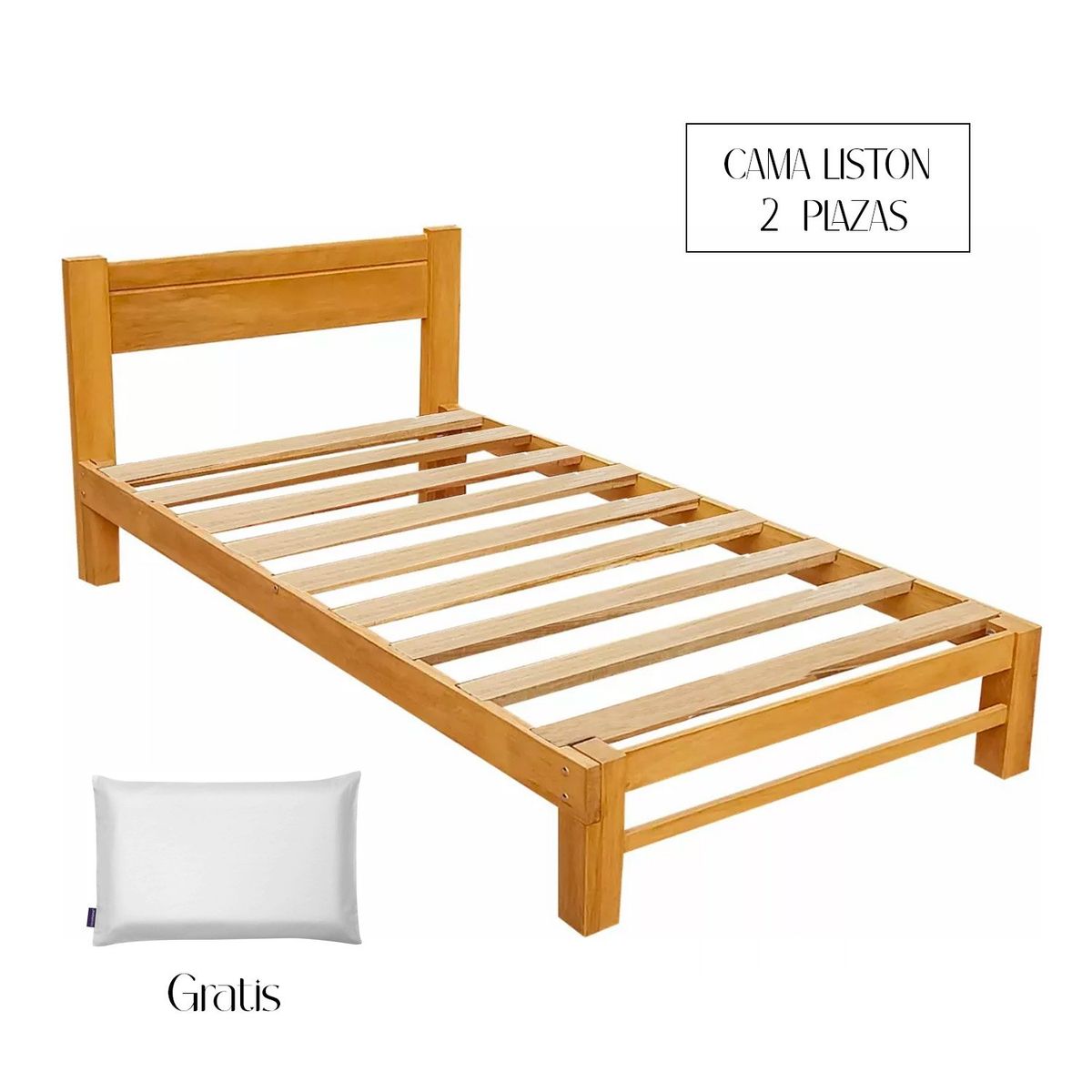 GENERICO - Cama Liston 2 Plazas de Madera Capirona + Almohada Gratis