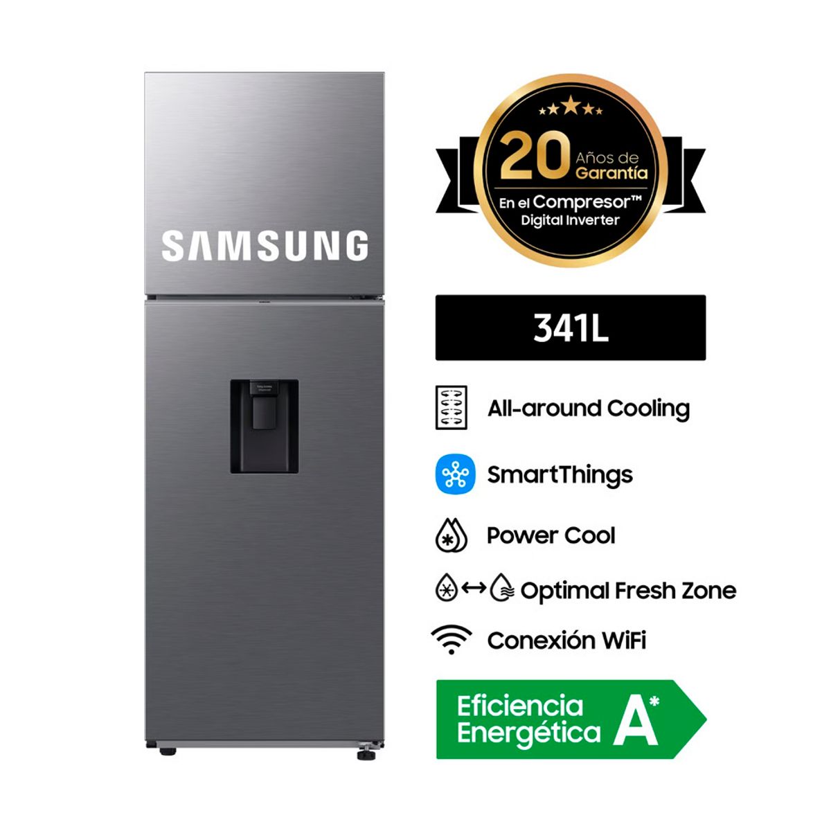 SAMSUNG - Refrigeradora Samsung 341Lt No Frost RT35DG5720S9 Top Freezer Con Dispensador de Agua - Silver