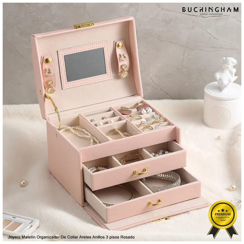 GENERICO - Joyero Maletín Organizador De Collar Aretes Anillos 3 pisos Rosado