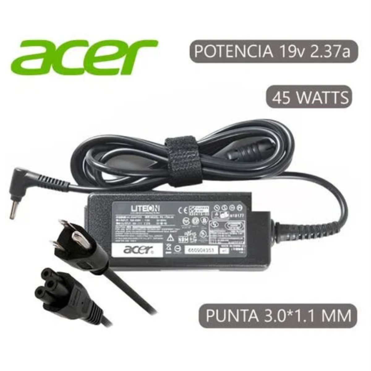 GENERICO - Cargador Compatible Acer 19v 2.37a 45w 3.0 x 1.1 Punta Fina