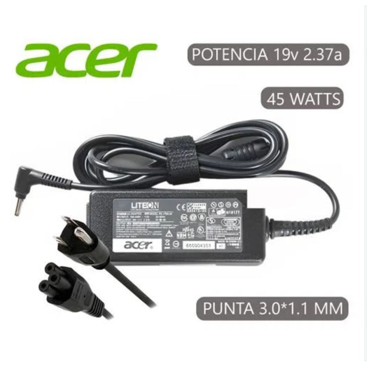 GENERICO - Cargador Compatible Acer 19v 2.37a 45w 3.0 x 1.1 Punta Fina