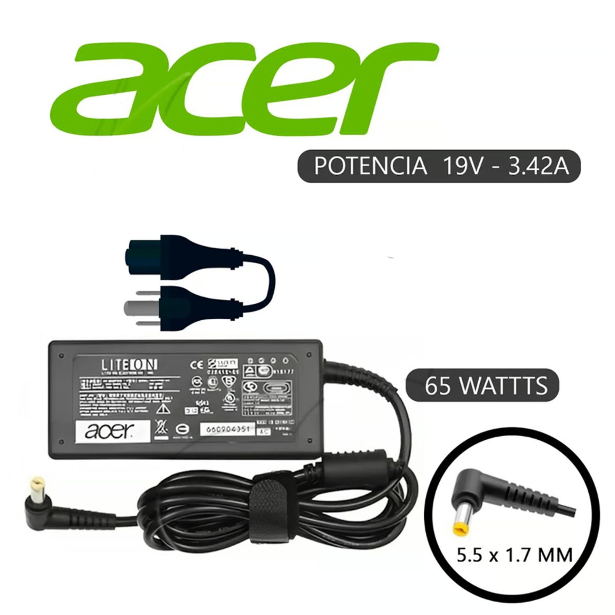 GENERICO - CARGADOR COMPATIBLE ACER PUNTA AMARILLLA 19v 342a 55x17m 65w