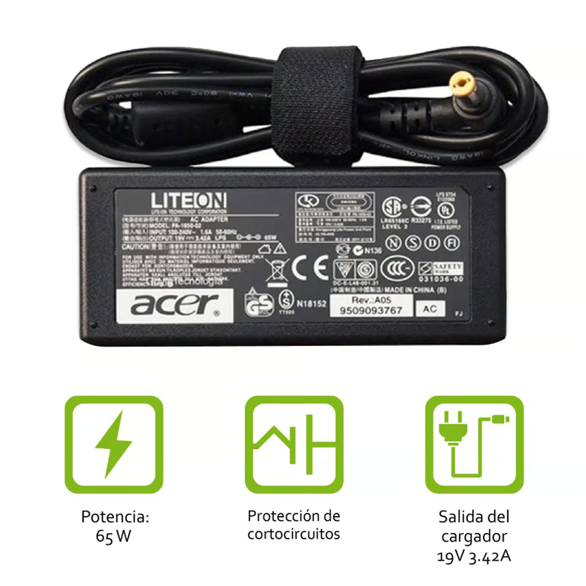 GENERICO - CARGADOR COMPATIBLE ACER PUNTA AMARILLLA 19v 342a 55x17m 65w