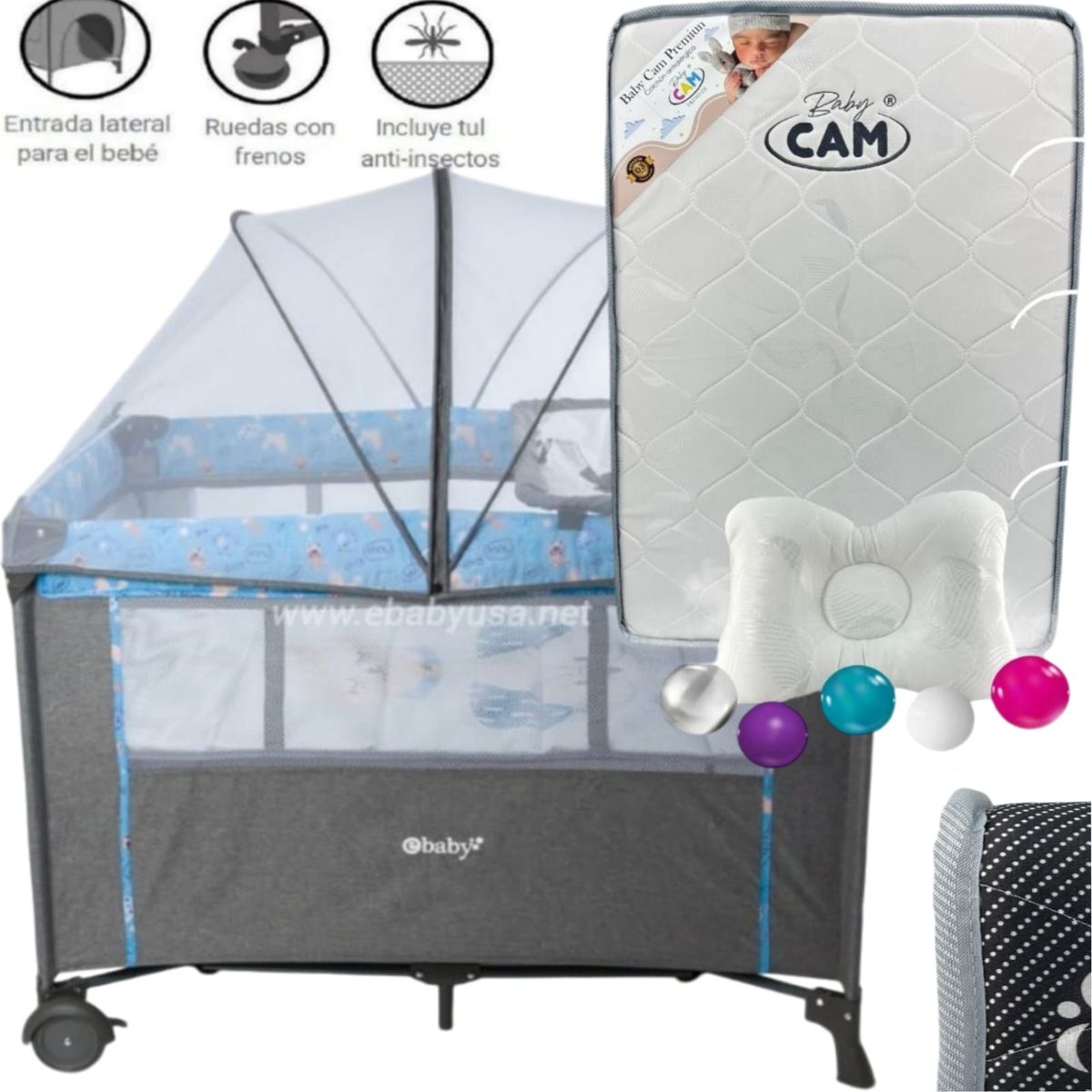 EBABY - Cuna para bebe Colecho Nala AZUL+ Colchón baby CAM PLOMO
