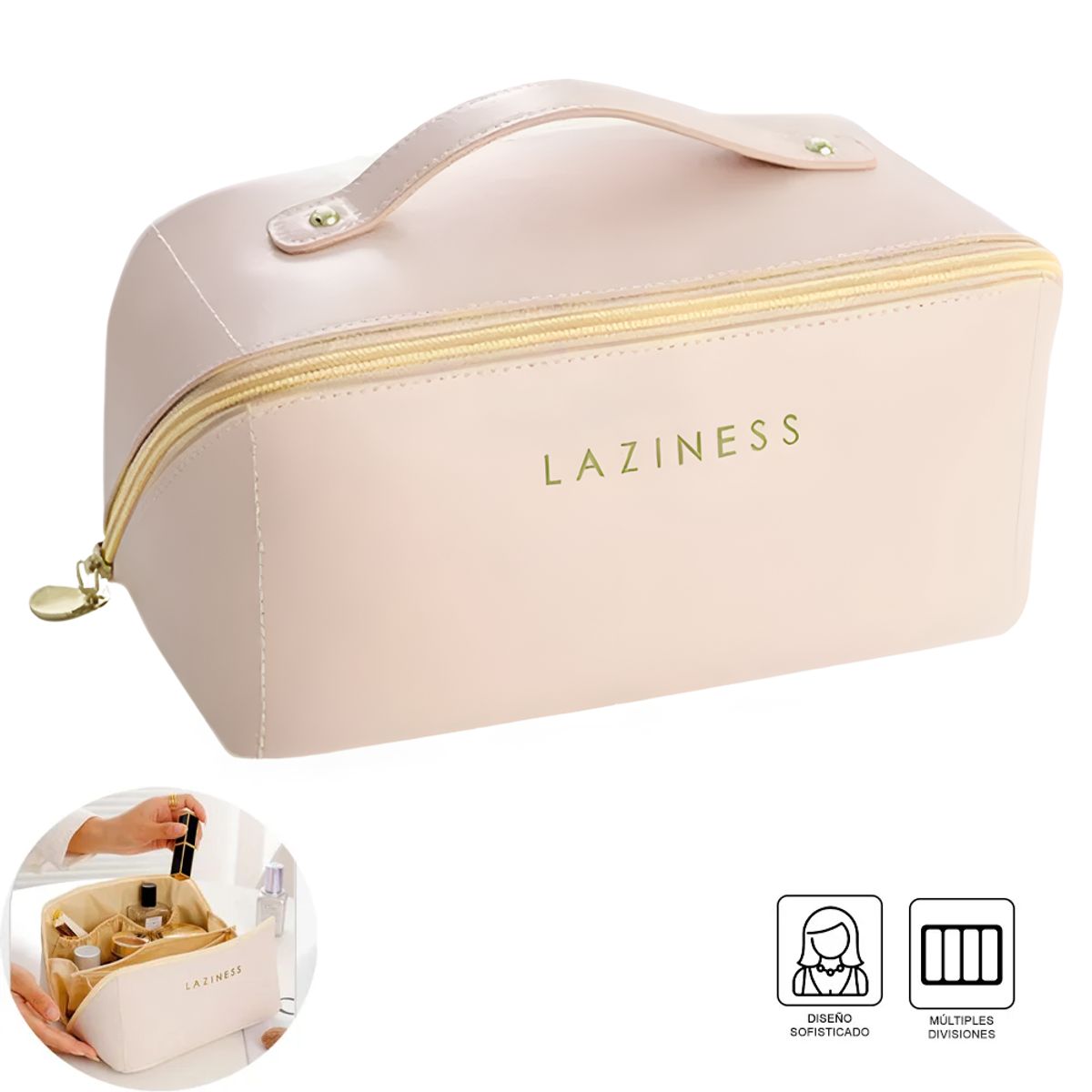 GENERICO - Neceser Organizador Estuche de Maquillaje Cosméticos PU con Asa Beige