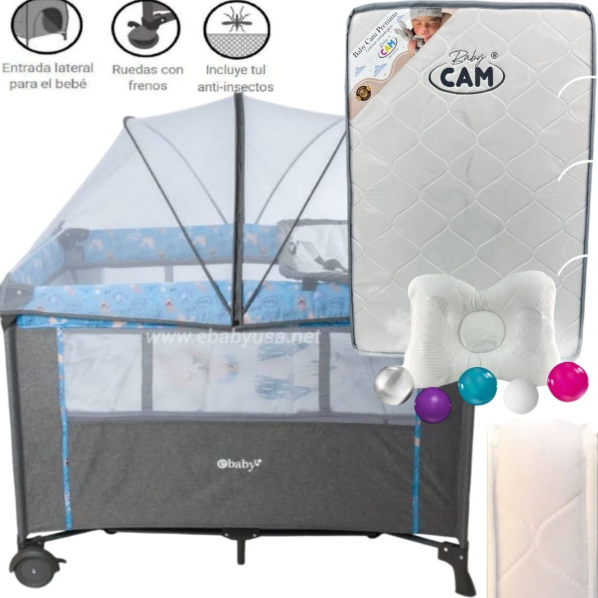 EBABY - Cuna para bebe Colecho Nala AZUL+ Colchón baby CAM BLANCO