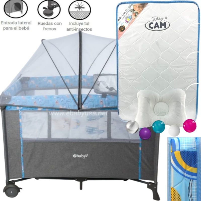 EBABY - Cuna para bebe Colecho Nala AZUL+ Colchón baby CAM CELESTE