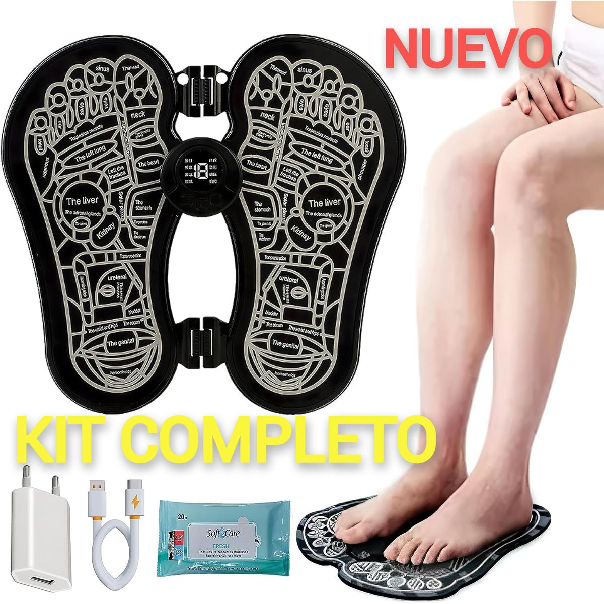 GENERICO - MASAJEADOR DE PIES PREMIUM DE IMPULSOS ELÉCTRICOS Y CARGADOR Y TOALLAS