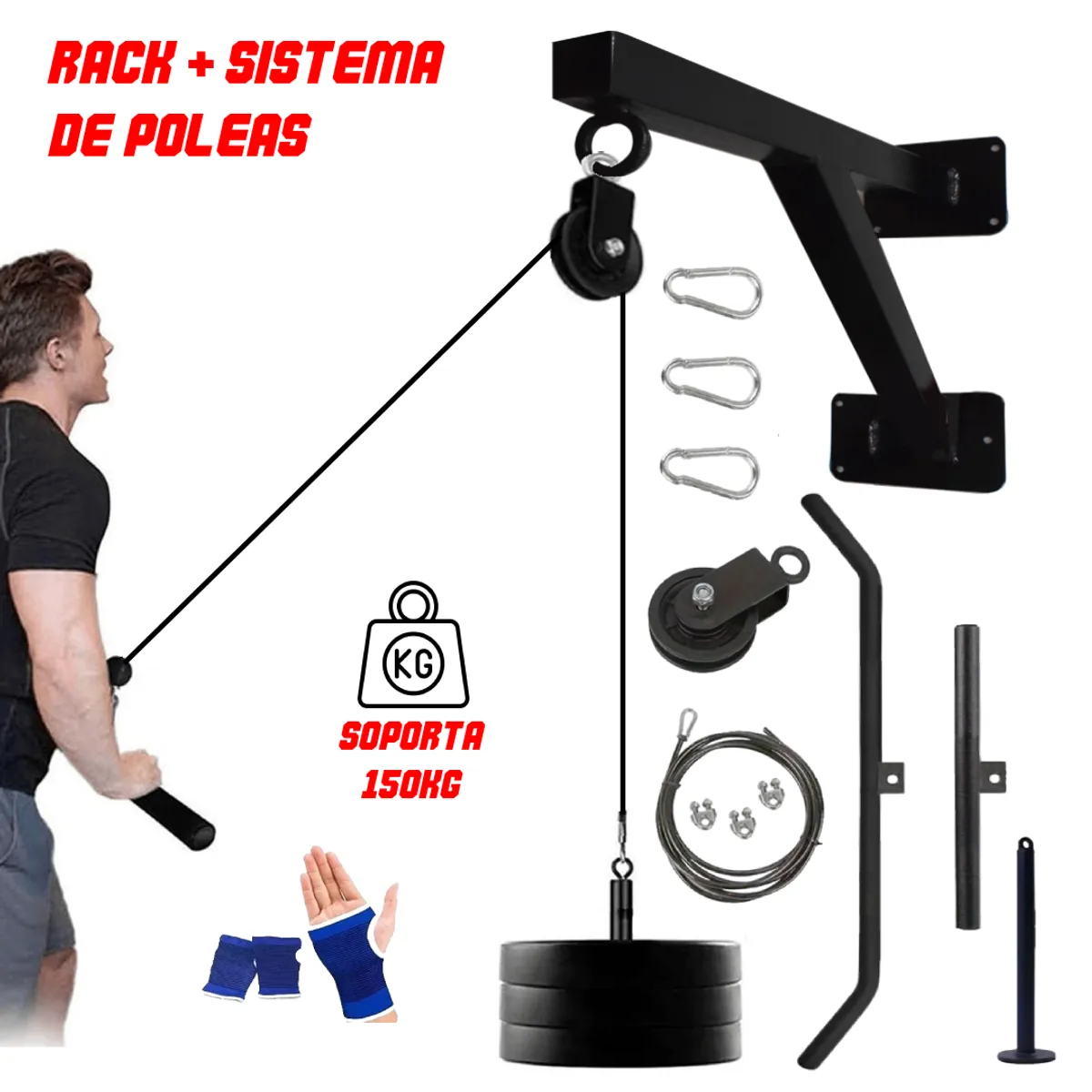 HOLGU - Rack + Sistema de Poleas Gym 150kg + Guantes Fitness