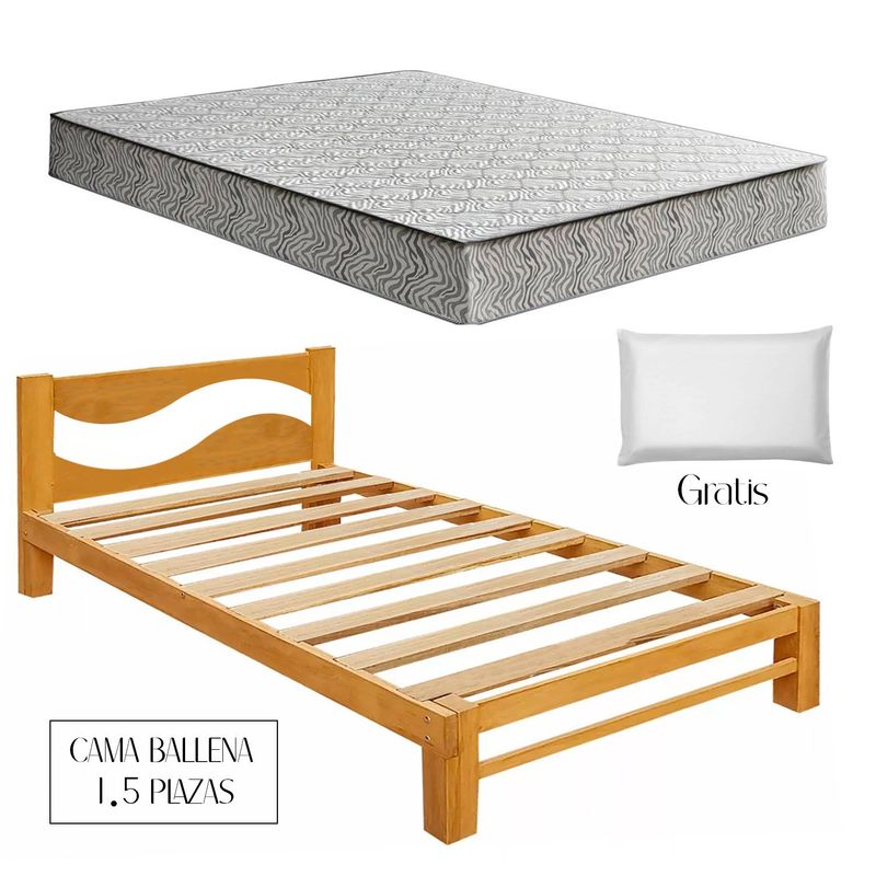 GENERICO - Cama Liston Ballena + Colchón Espuma Zebra 1,5 Plazas