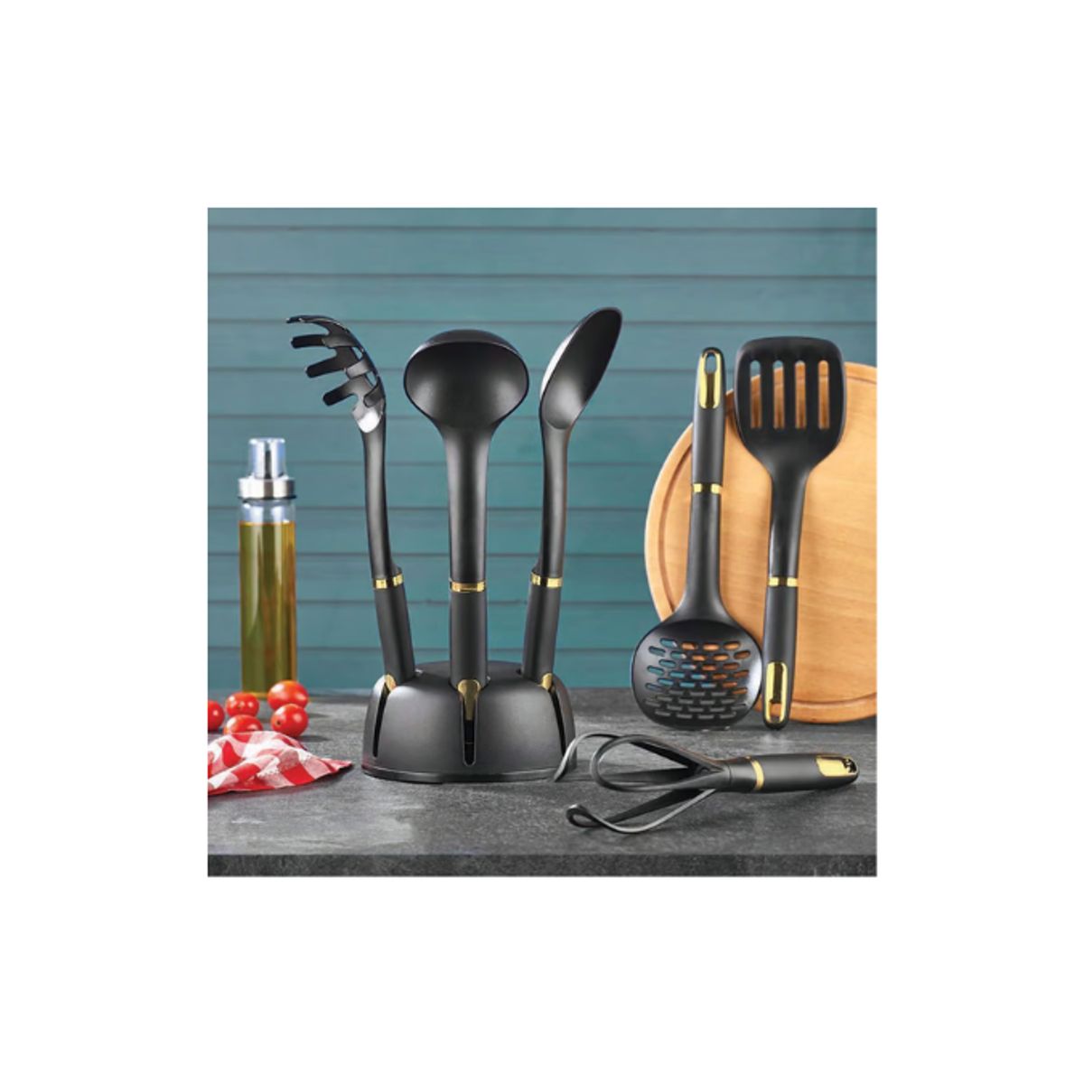 VIP AHMET - Set de utensilios de cocina con soporte, negro con dorado 6 piezas