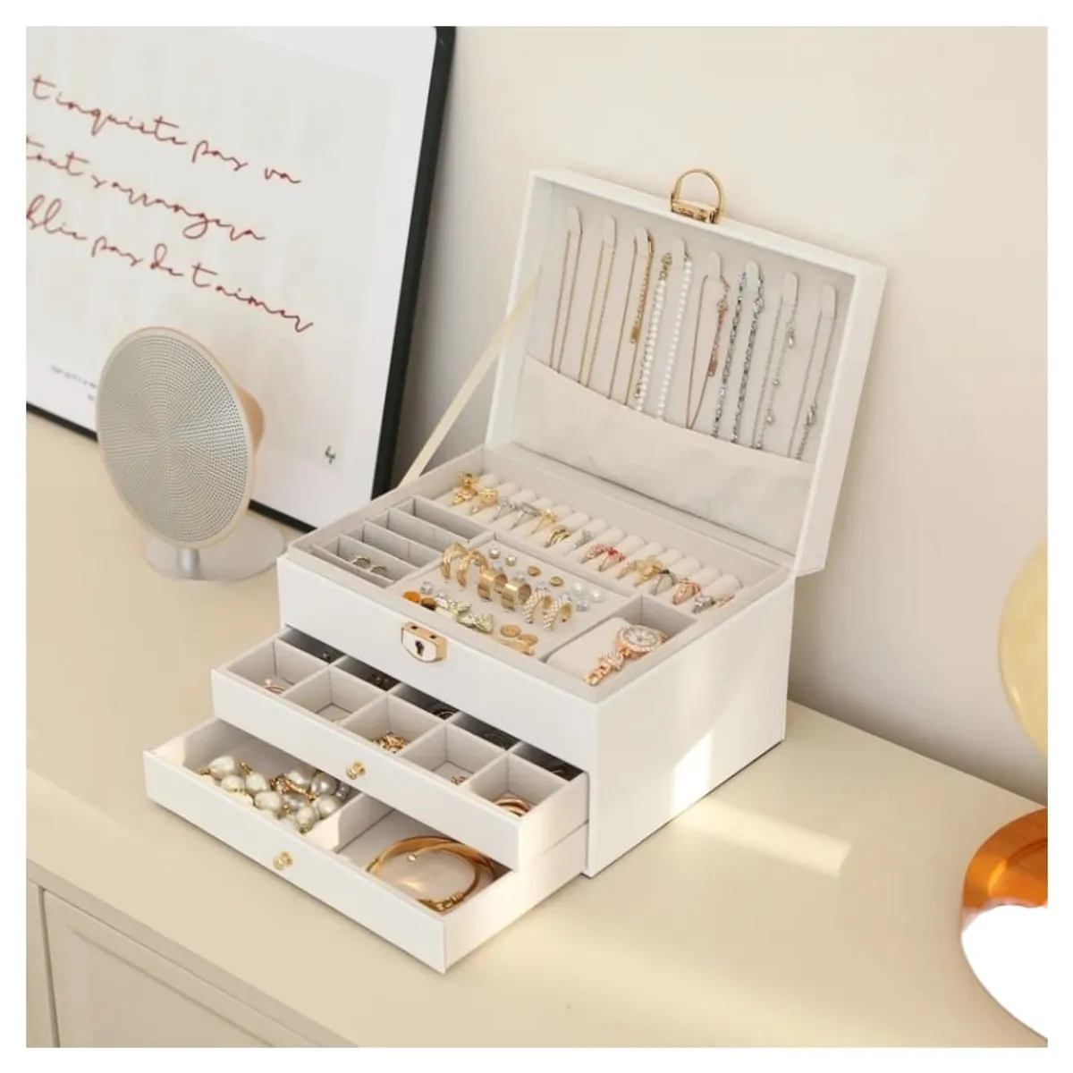 GENERICO - Joyero Grande de Tres Capas PU Organizador de Joyas de 3 Niveles