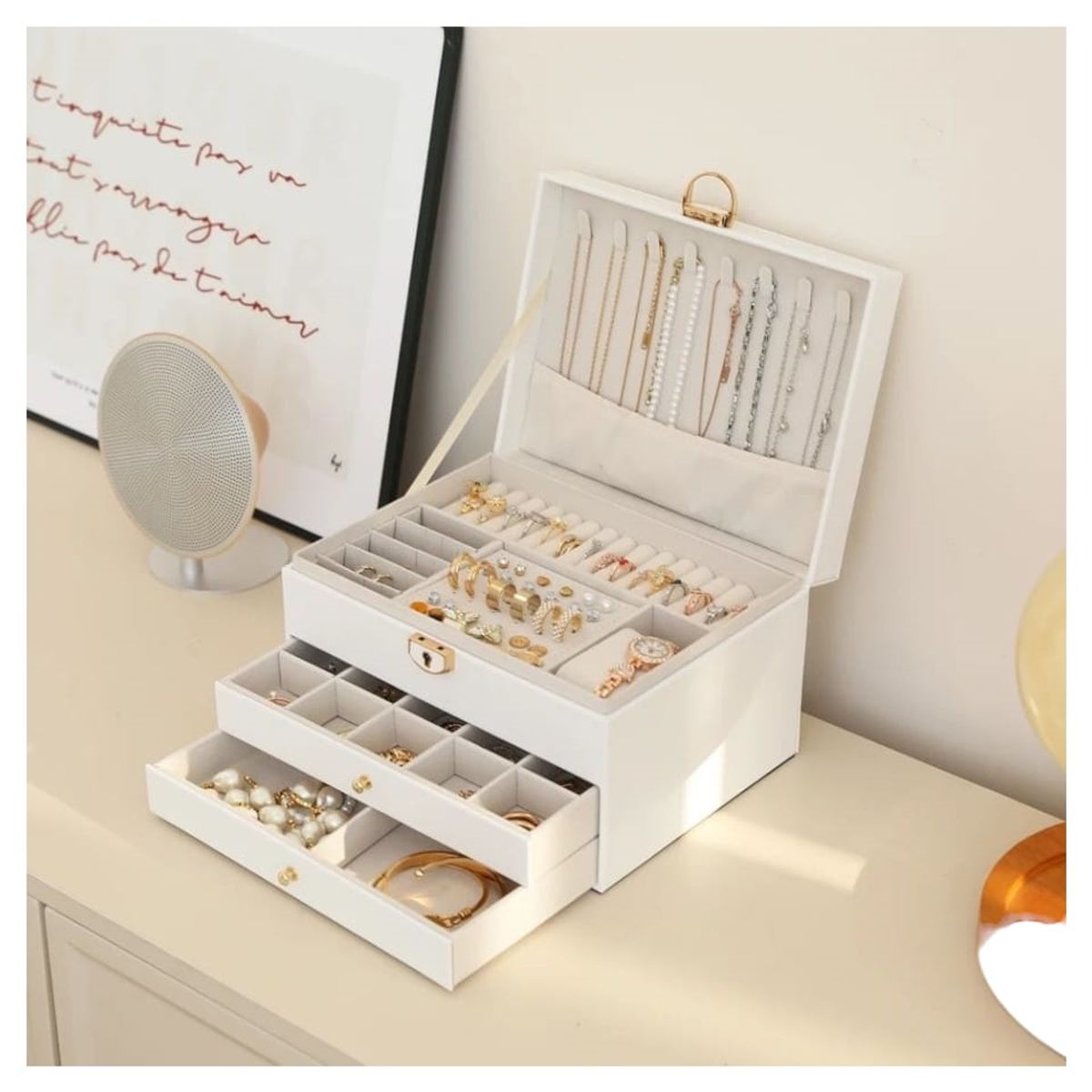 GENERICO - Joyero Grande de Tres Capas PU Organizador de Joyas de 3 Niveles