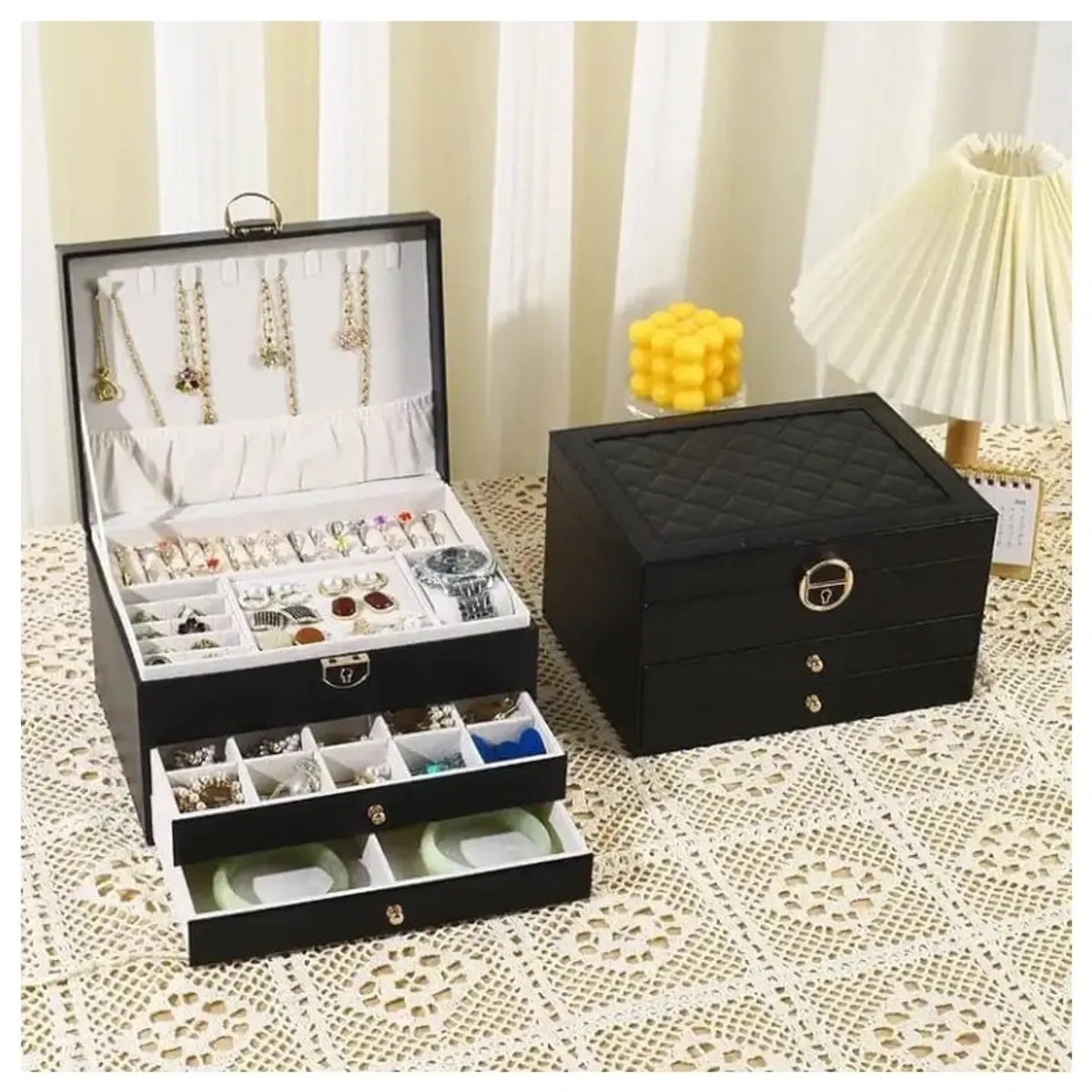 GENERICO - Joyero Grande de Tres Capas PU Organizador de Joyas de 3 Niveles