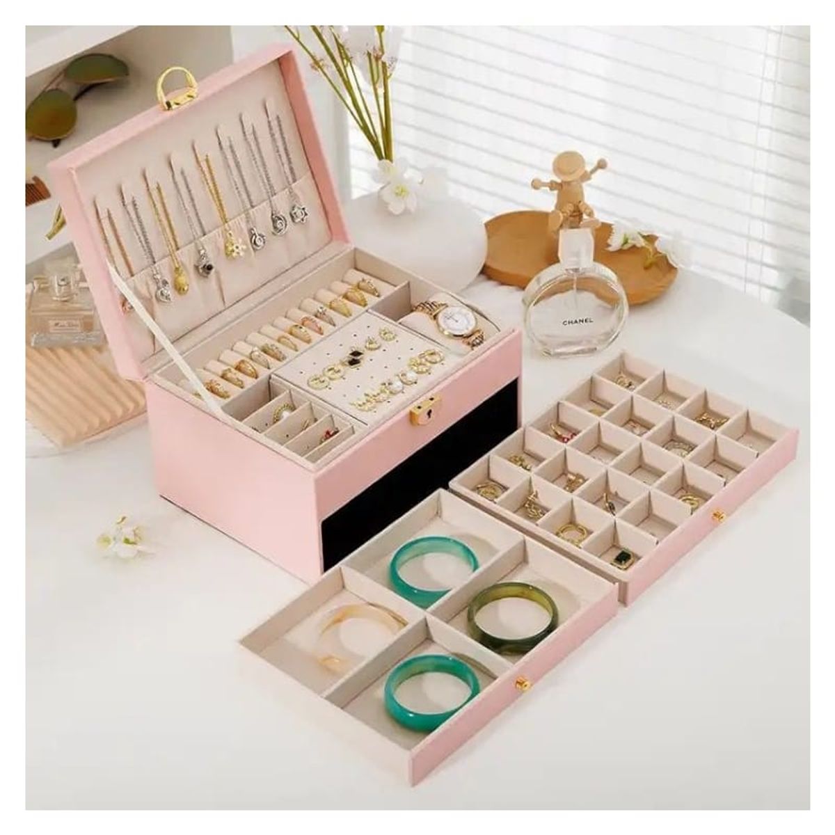 GENERICO - Joyero Grande de Tres Capas PU Organizador de Joyas de 3 Niveles