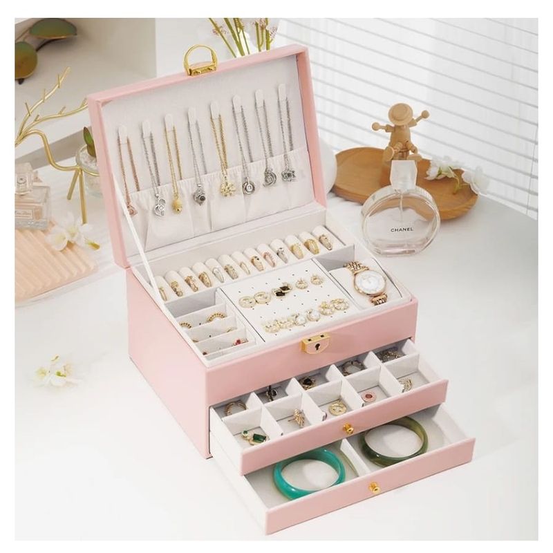 GENERICO - Joyero Grande de Tres Capas PU Organizador de Joyas de 3 Niveles