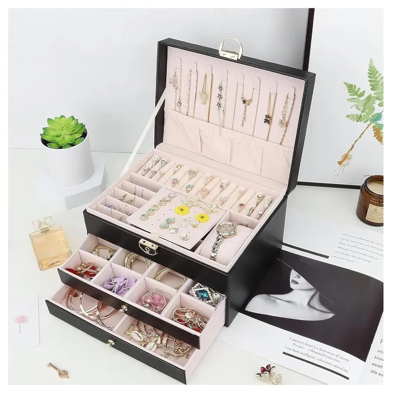 GENERICO - Joyero Grande de Tres Capas PU Organizador de Joyas de 3 Niveles