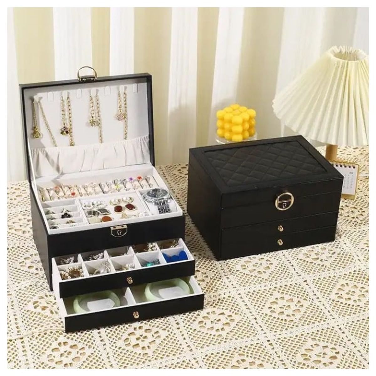 GENERICO - Joyero Grande de Tres Capas PU Organizador de Joyas de 3 Niveles