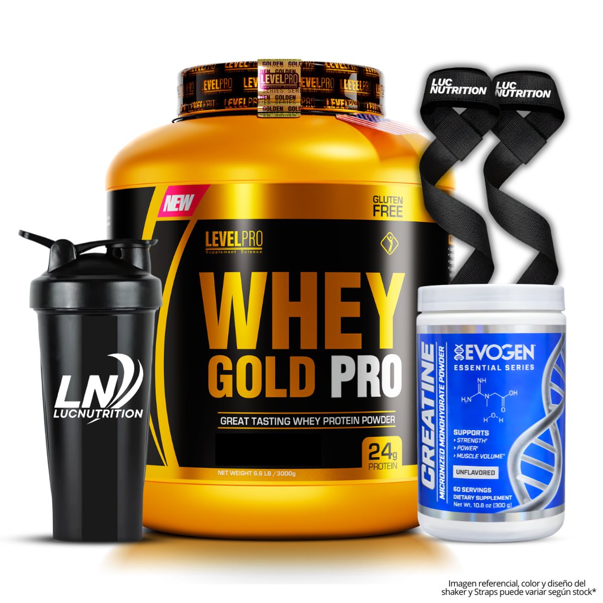 LEVEL PRO - Whey Gold Pro 3 KG Proteina Whey - Vainilla + Creatina Evogen 300 g + Shaker + Straps