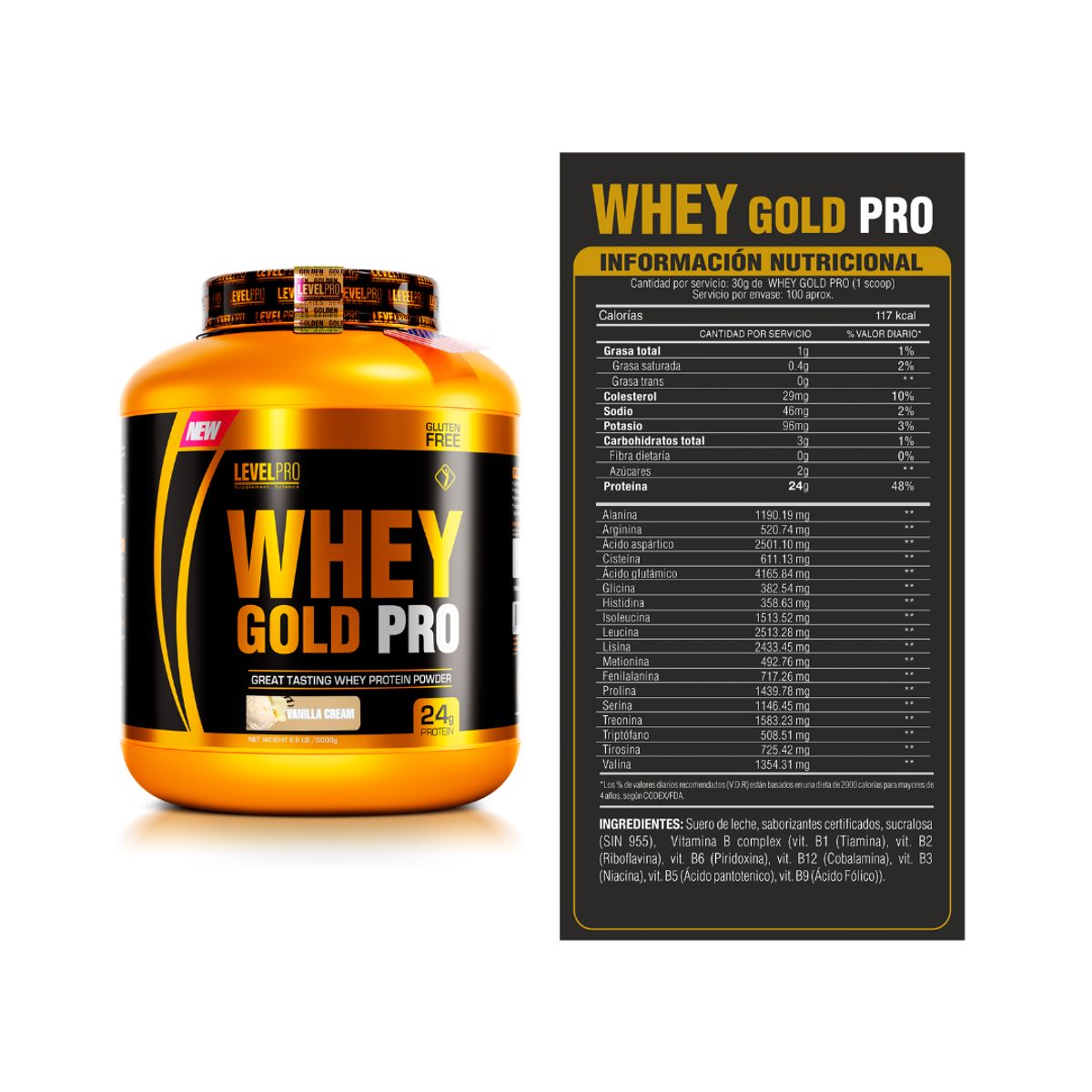 LEVEL PRO - Whey Gold Pro 3 KG Proteina Whey - Vainilla + Creatina Evogen 300 g + Shaker + Straps