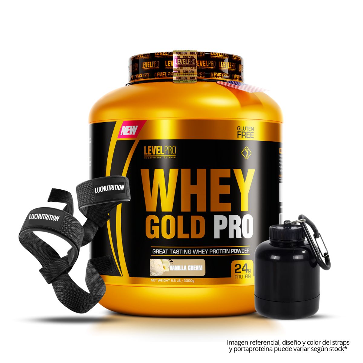 LEVEL PRO - Whey Gold Pro 3 kg / 6.6 lb Vainilla + Straps + portaproteina