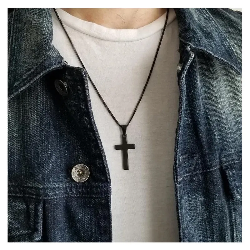 OEM - COLLAR HOMBRE CRUZ PLANA EN ACERO INOXIDABLE 316L NEGRO