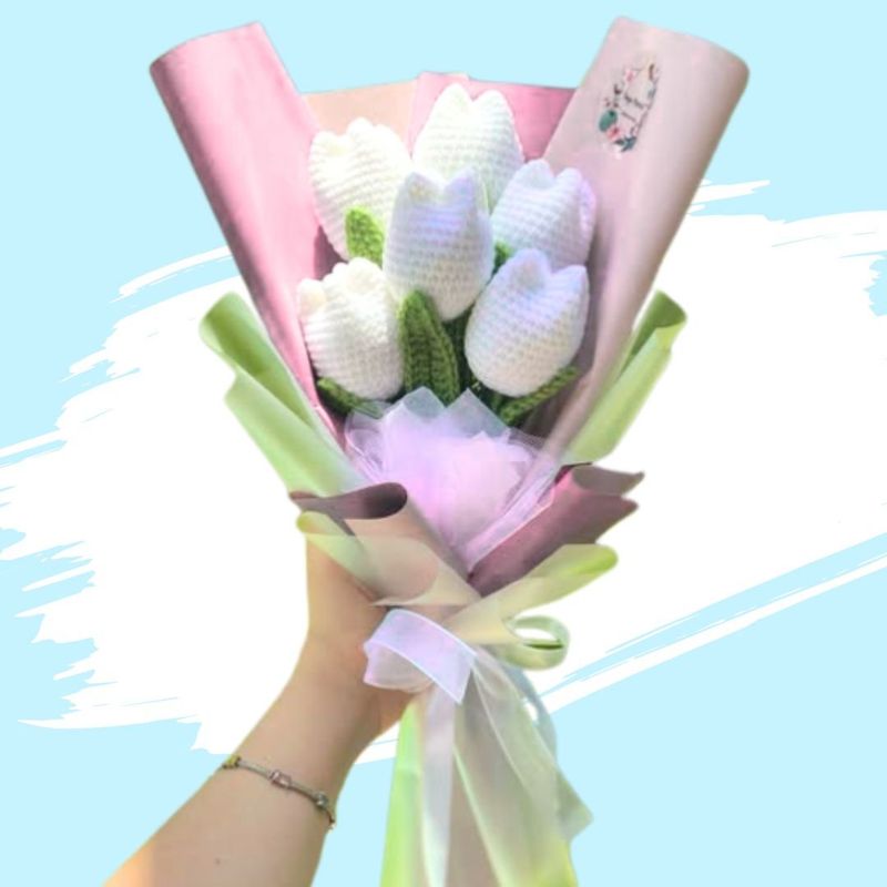 GENERICO - Ramo 06 Tulipanes Eternos Tejidos a Crochet Flores Blancas