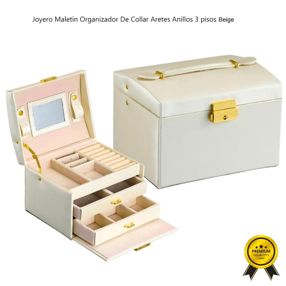 GENERICO - Joyero Maletín Organizador de Collar Aretes Anillos 3 Pisos Beige