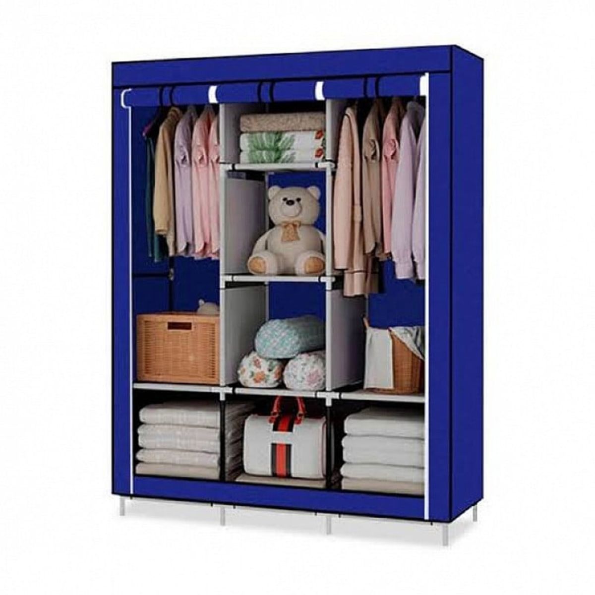 PENTHA - Ropero Armable de Tela 3 Cuerpos Con 8 Divisiones Azul