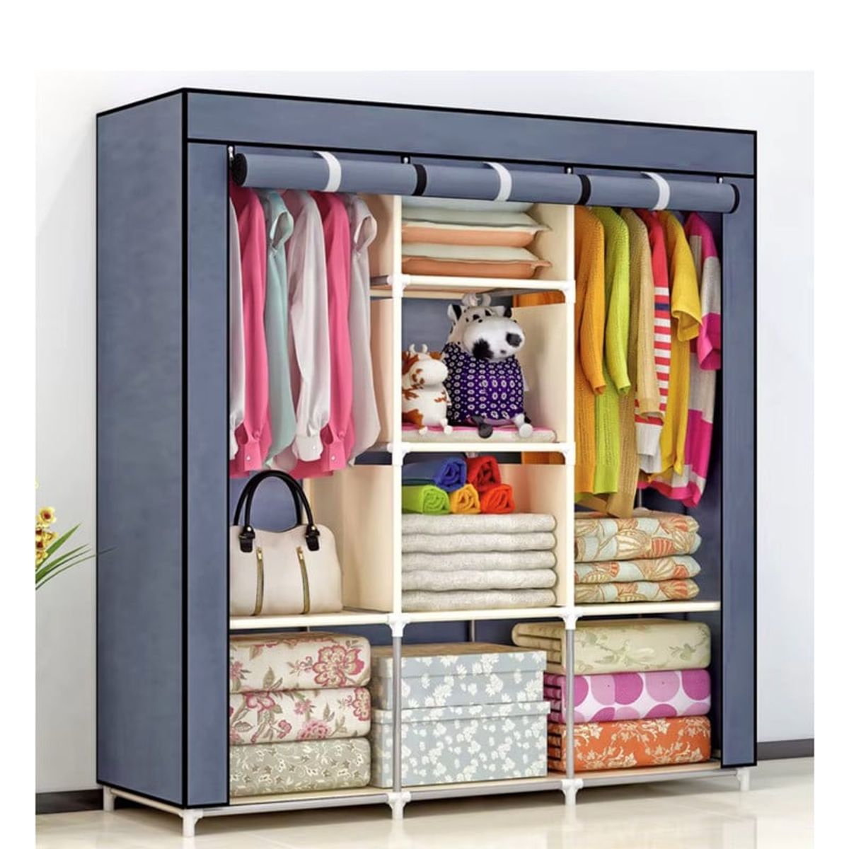 PENTHA - Ropero Armable de Tela 3 Cuerpos Con 8 Divisiones Azul