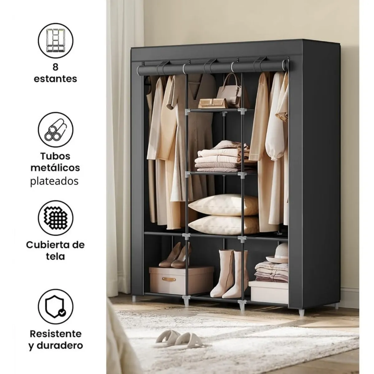 PENTHA - Ropero Armable de Tela 3 Cuerpos Con 8 Divisiones Negro